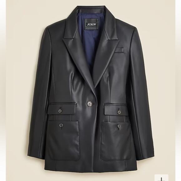 J.CREW Vivienne Blazer Black Faux Leather Patch Pocket Button Size 16 Tall NEW - Picture 2 of 8